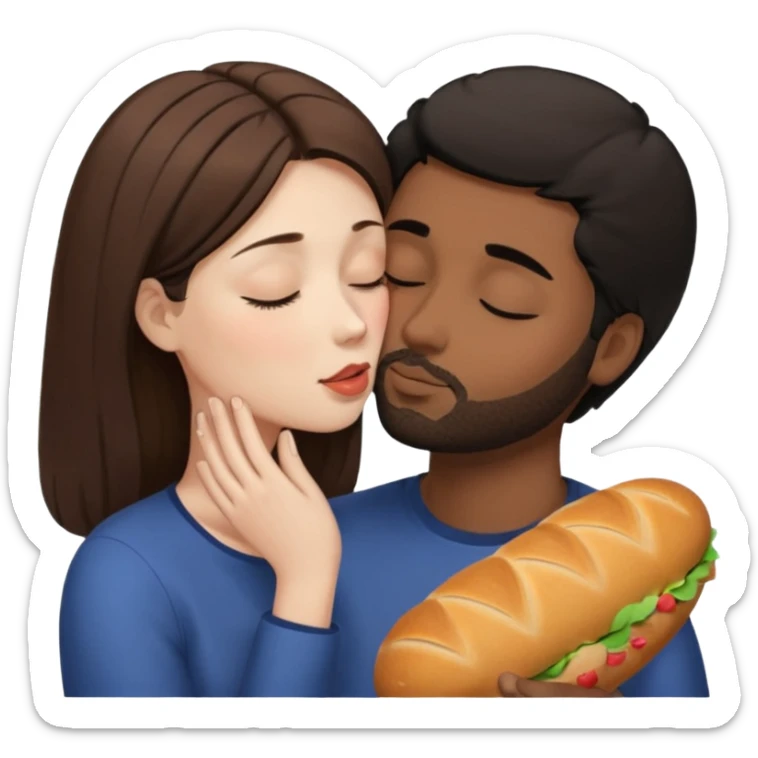 White woman with brown hair with eyes closed kissing forehead of brown man with black hair and a bread with eyes also closed sticker