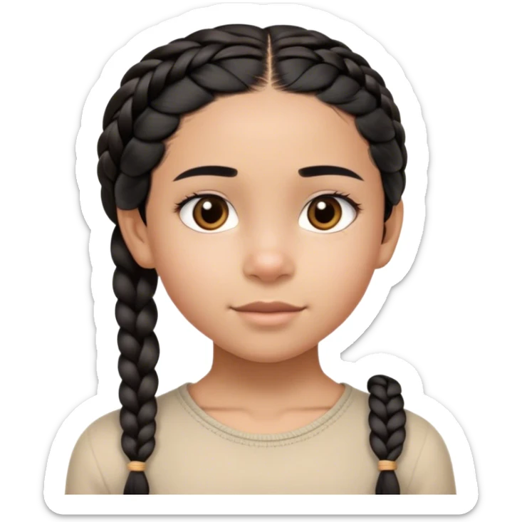 A thin 10-year-old mixed-race girl with straight black hair braided into a single plait over her shoulder and dark brown eyes sticker