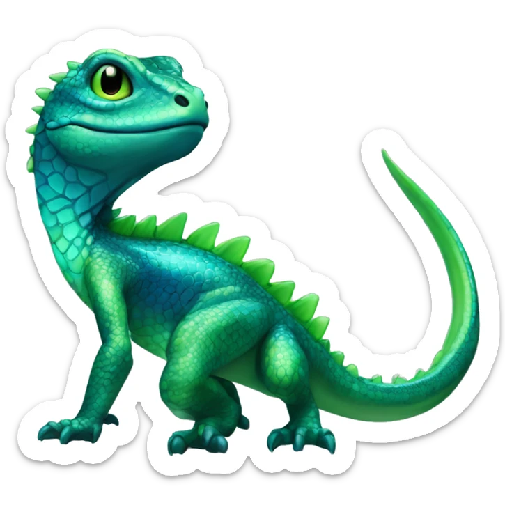 A Cyan Shiny Glossy Iridescent Anthro-Scalie-Lizard-Reptile-Salamandrian-Fakémon with dark-blue patterns and light-green belly Full Body sticker