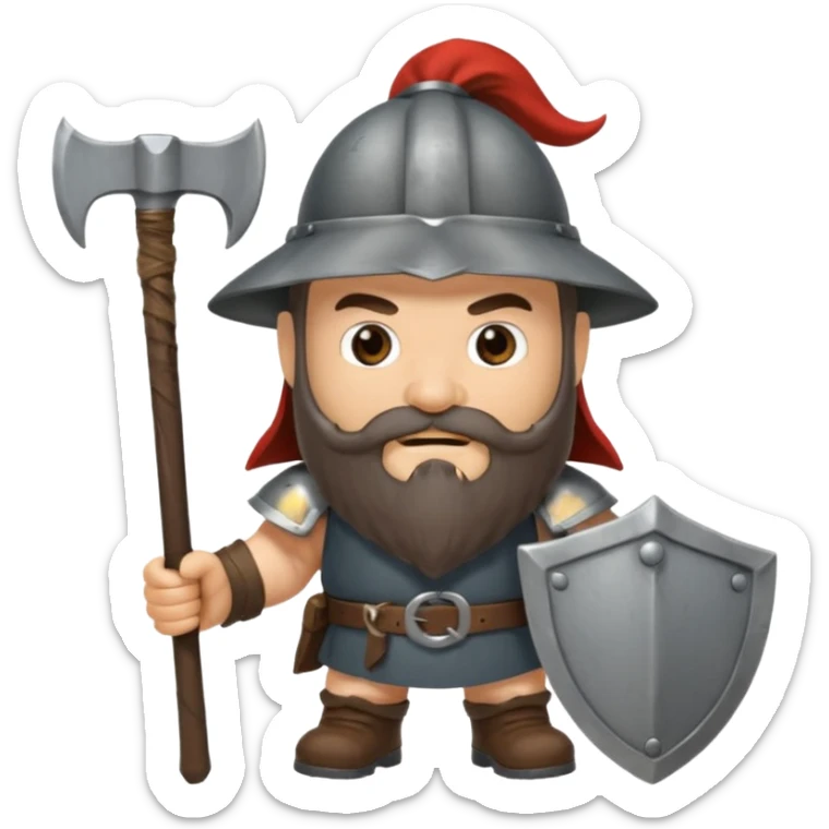 gimli lord of the rings with dark brown beard holding ax and a gray metal helmet sticker