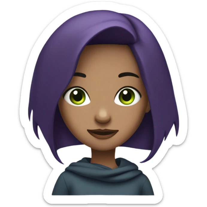 a girl with dark purple hair, a black bandana, green eyes and a blue sweatshirt sticker