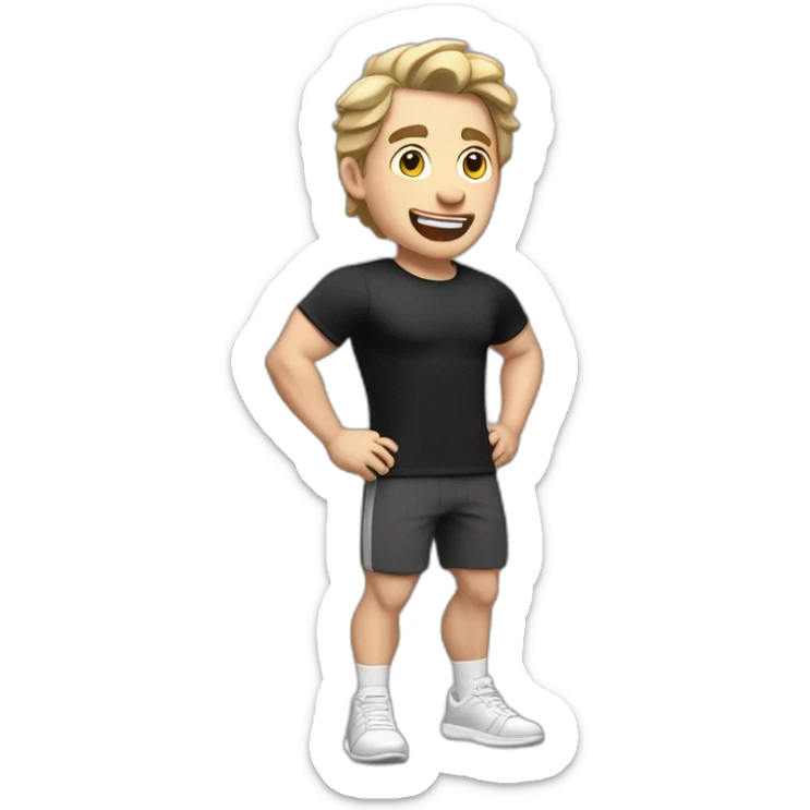amazed Open with surprise mouth Pale skinned Fit Man With the biceps and dark brown hair in black shirt, gray sports shorts and white Sneakers sticker