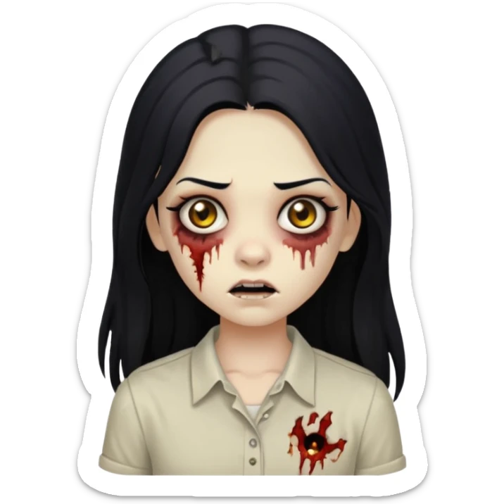 girl zombie with long black hair and beige skin and white shirt sticker