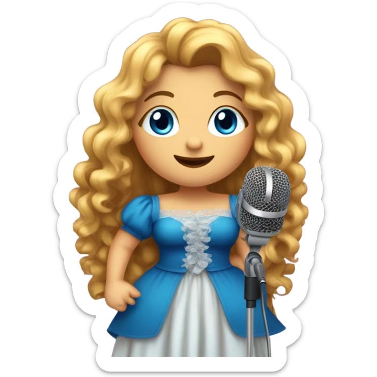 blue eyed long golden curly haired chubby girl on stage talking to a microfon with fancy outfit sticker