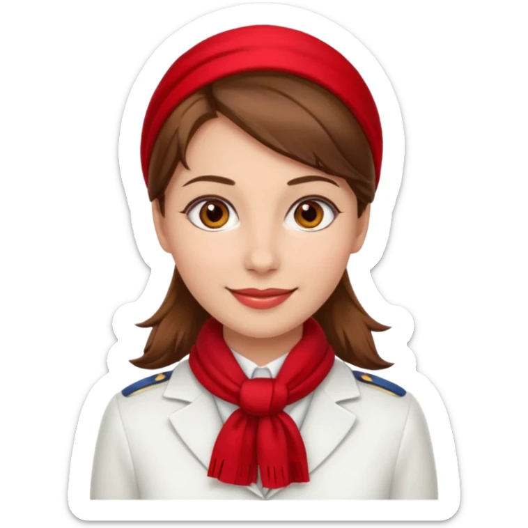 Female flight attendant, with red scarf, white shirt, brown hair, brown eyes, iOS emoji-type face, fair skin  sticker