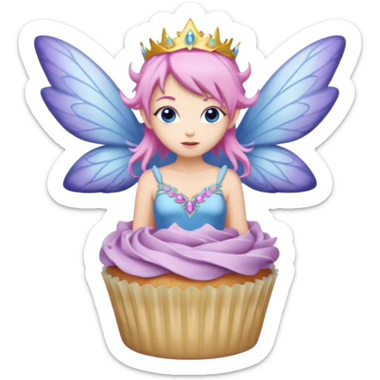 beige fairy cupcakes with yellow frosted icing on top and a enchantress fairy with pink hair and lilac wings and blue eyes wearing a dusky pink embellished gown decoration sticker