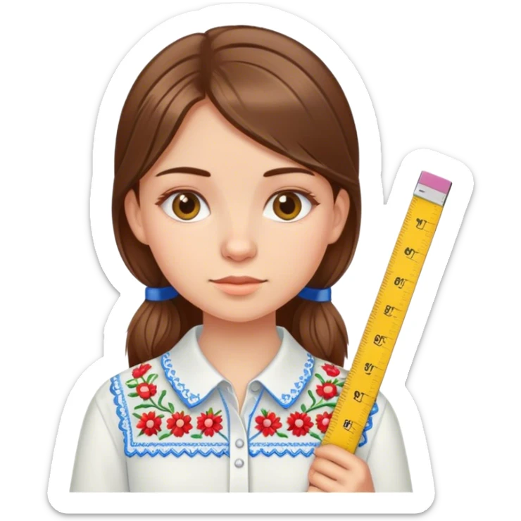 A Ukrainian girl with brown hair wearing an embroidered shirt holds a ruler sticker