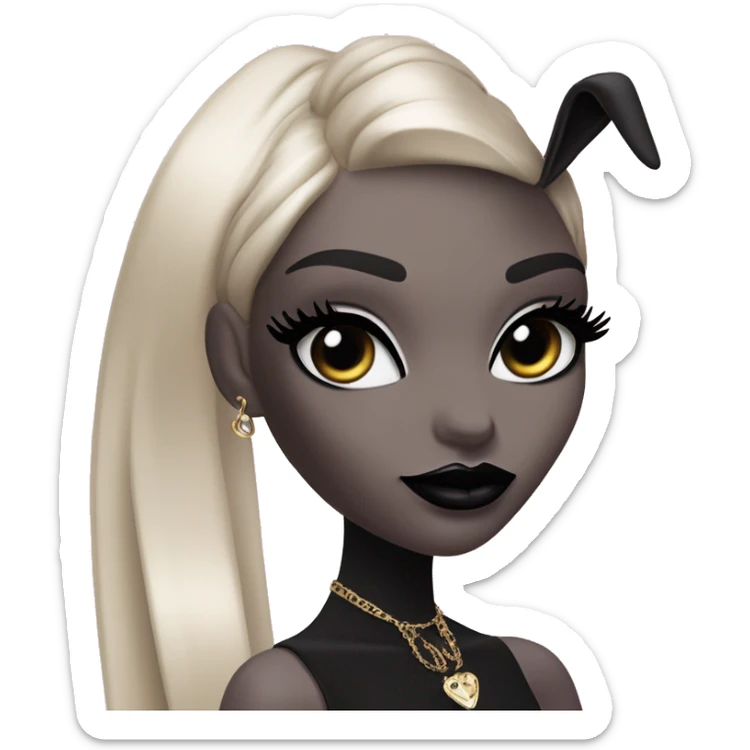  Seku-kyabakura Bunny Wends Addams Barbie.  Small very light skin face. Black lipstick and eyeshadow. Earrings matching necklaces. Long silky raven hair. Dress that’s off-the-shoulders shows her legs and black high heel.  sticker