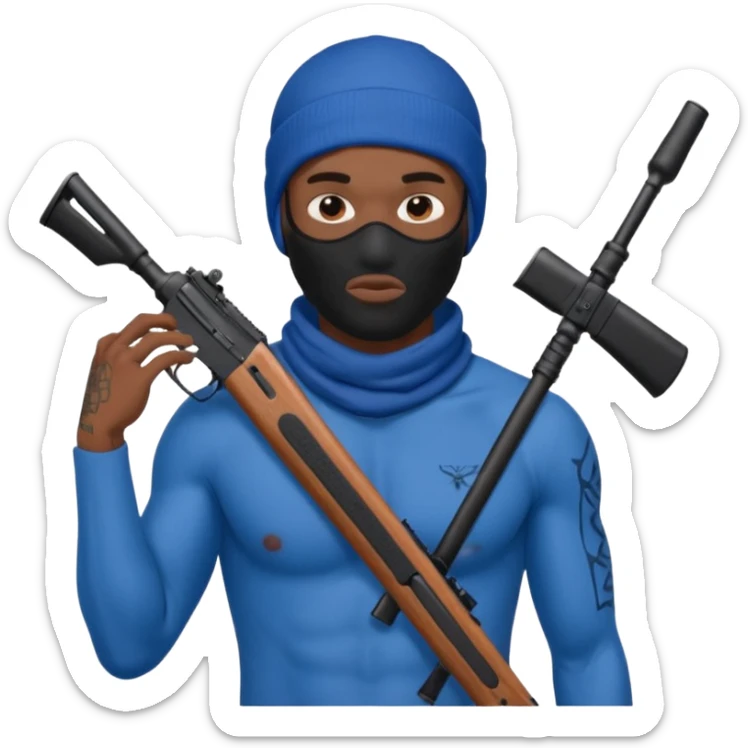 Ebony gang member in blue with no shirt tattoos ski mask covering whole face ￼ holding ar15 sticker