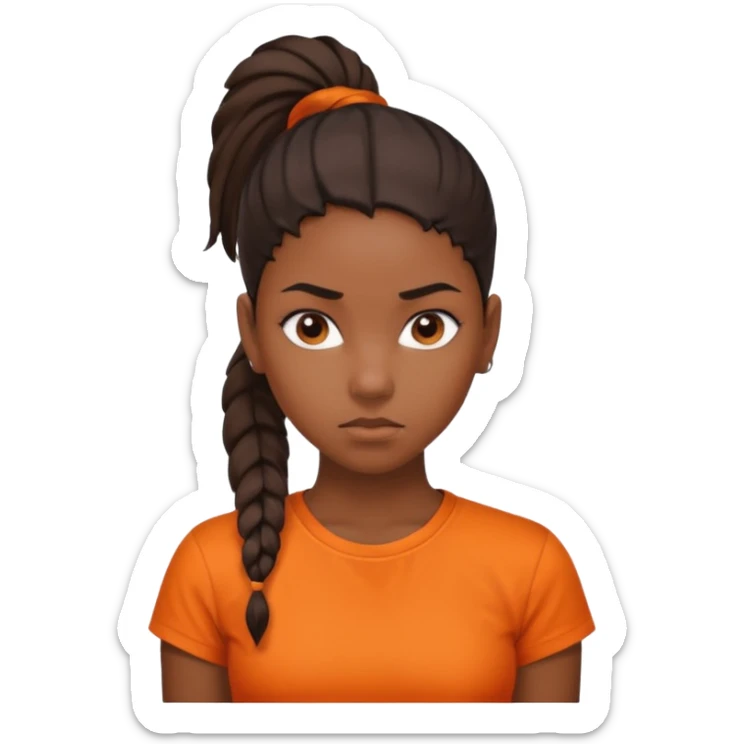 black girl with pony tail and orange shirt serious look sticker