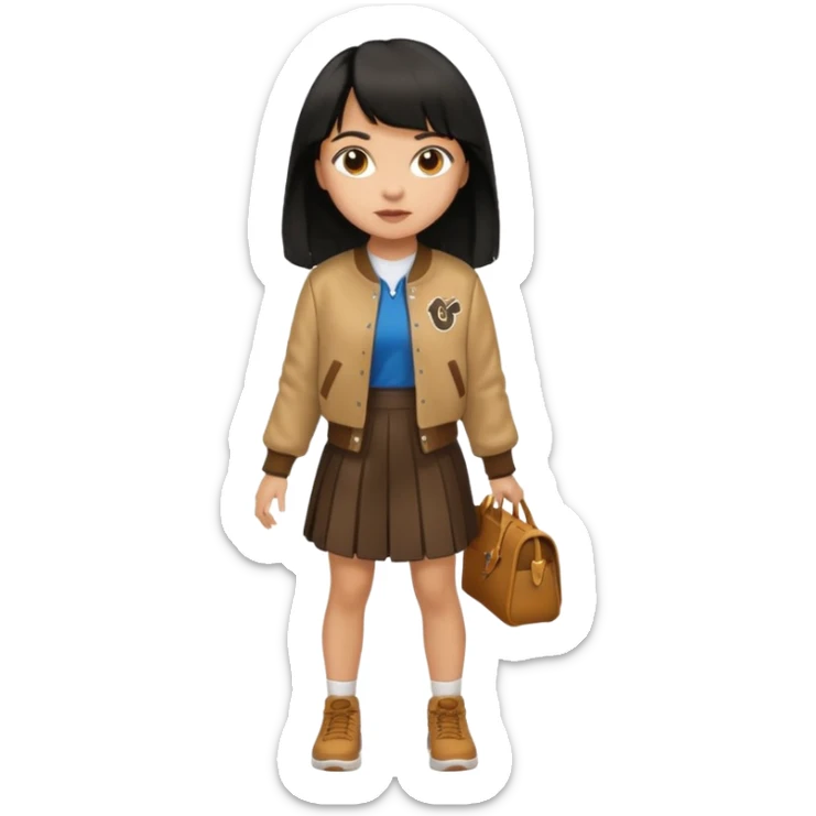 black color long hair with fringe, light skin long hair girl with brown varsity jacket and long skirt walking

 sticker