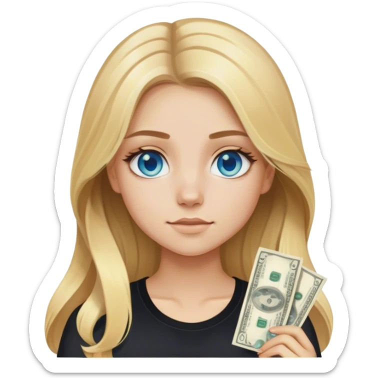 blonde polish girl, long brown to blonde ombré hair in a middle part with money pieces, blue eyes, black shirt  sticker
