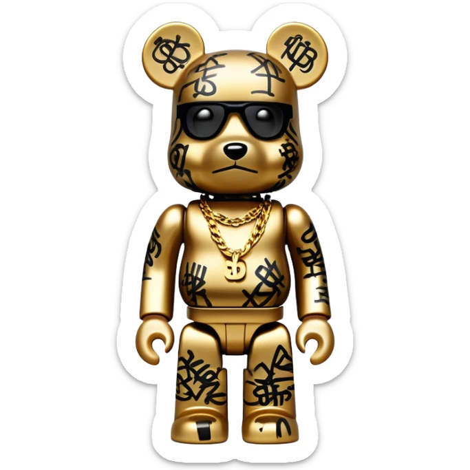 hustler bearbrick toy figure with graffiti print, X symbols instead of eyes, gold chain and money sticker