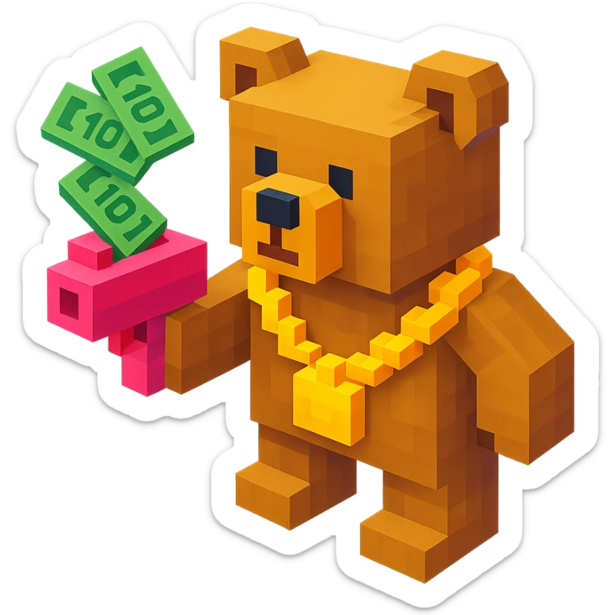 Russian grizzly bear wearing a rapper chain and holding a money gun sticker