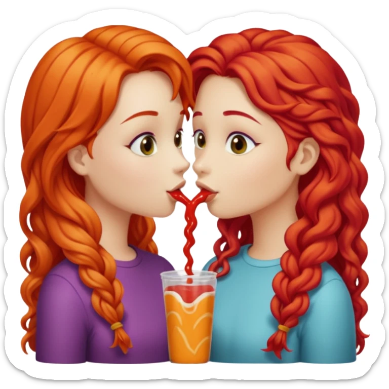 two girls kissing, one with long straight hot cheeto  red hair, the other with long curly blonde hair sticker