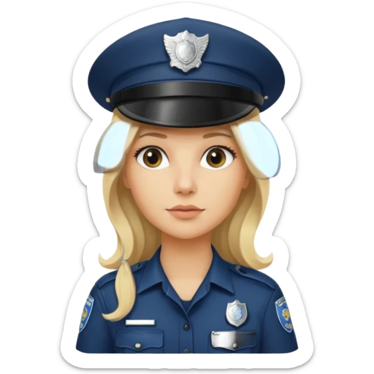A blonde long hair woman wearing a dark police hat with a silver badge, looking straight ahead with a calm expression. sticker