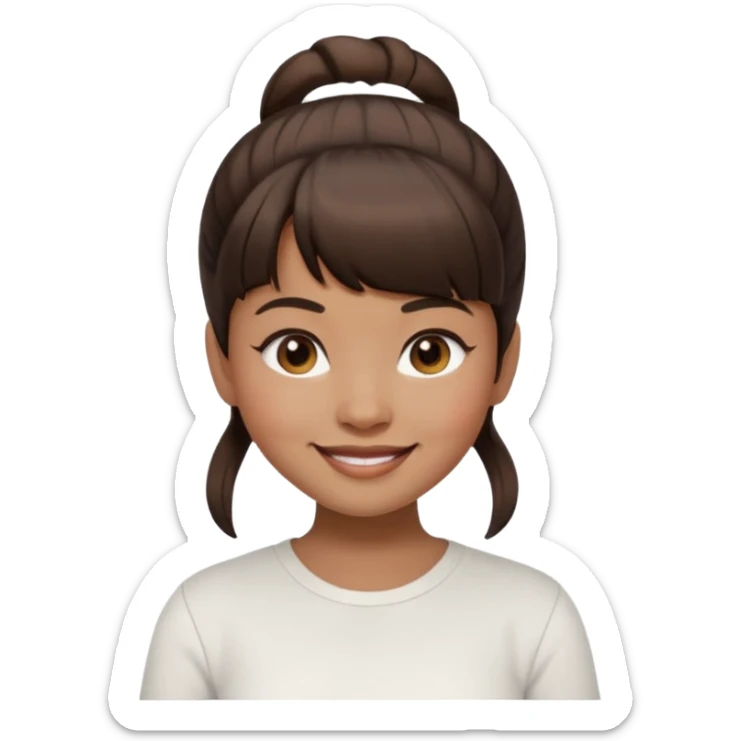 In Apple Memoji format, a girl with dark brown hair. She has bangs and her hair is in a singular high bun. The girl is arab and has light brown skin. She is wearing a white shirt sticker