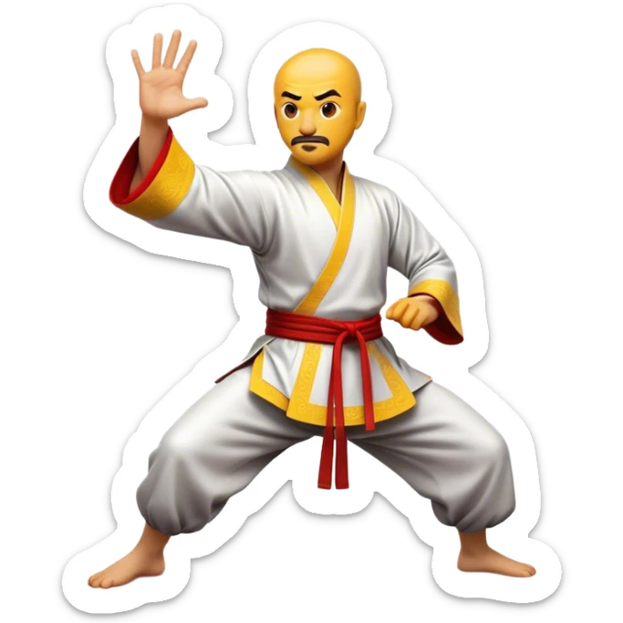 Cinematic Realistic Kung Fu Action Emoji, depicted as an epic martial arts scene with a master executing a precise move in traditional attire, rendered with fluid motion and vibrant textures under dramatic high-contrast lighting. sticker