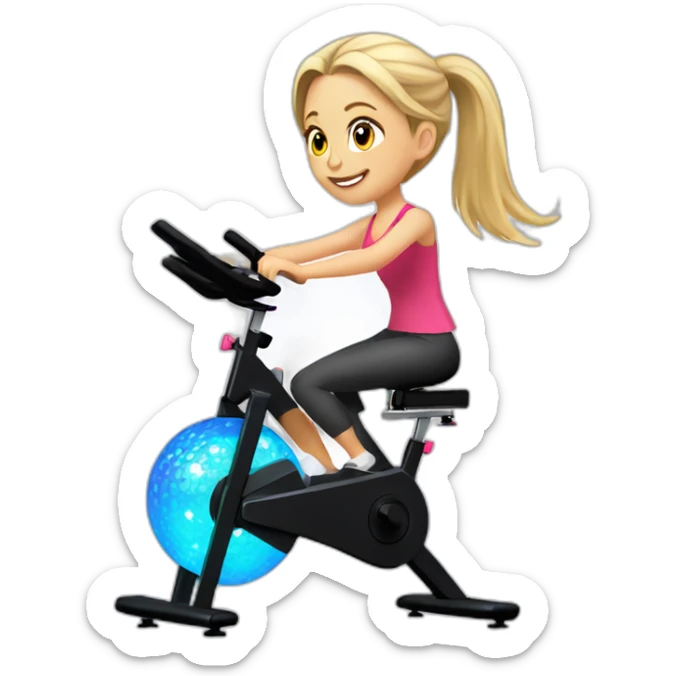 Girl with blonde pony tail riding a spin bike with a disco ball sticker