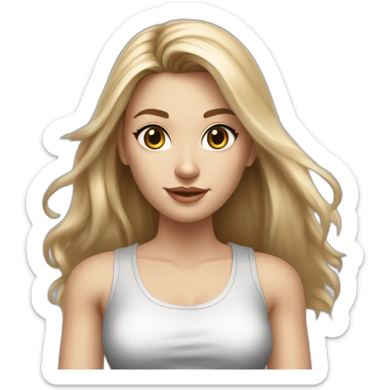 caucasian woman, with long straight hair, blonde hair, brown eyes, white tank top, gray tight mini skirt, black heel shoes, full body, hyperrealist drawing sticker