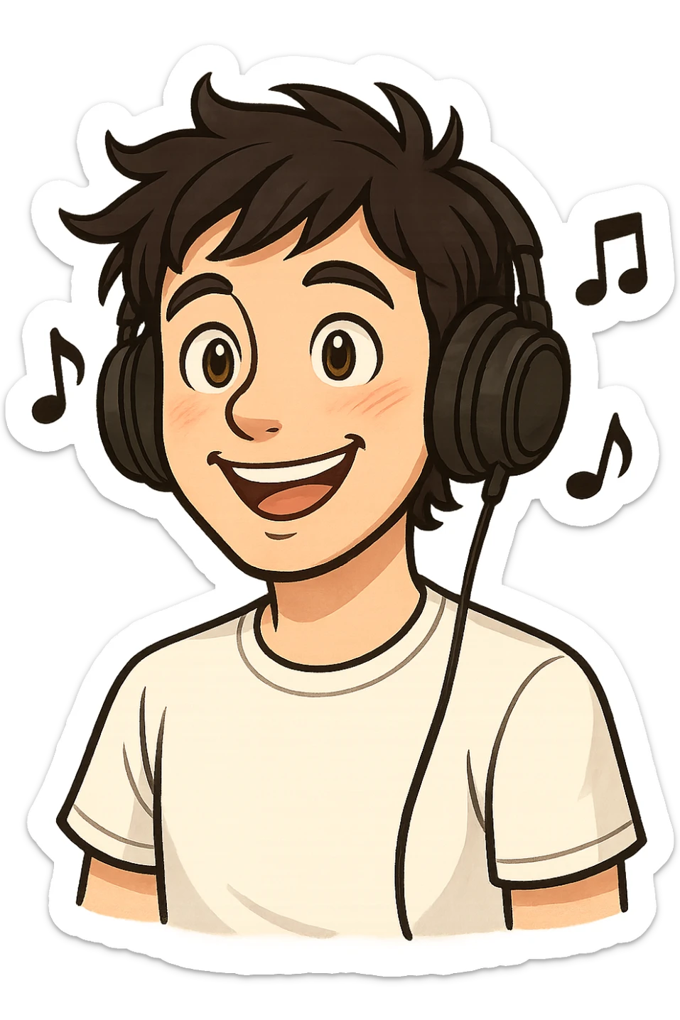 Edit the image of the guy to have messy hair, wearing a white t-shirt, with music notes coming out of the headphones, and lighter colored eyes. Keep the happy expression and transparent background. Maintain the original style as much as possible. sticker