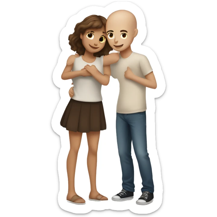 Two girls and one guy hugging each other, one girl white skin brown hair, other girl white skin no hair, guy is standing in the middle and has short brown hair sticker