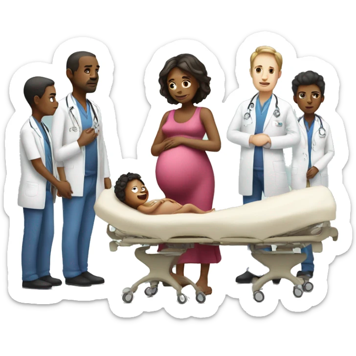 a pregnant woman gives birth and doctors stand nearby sticker