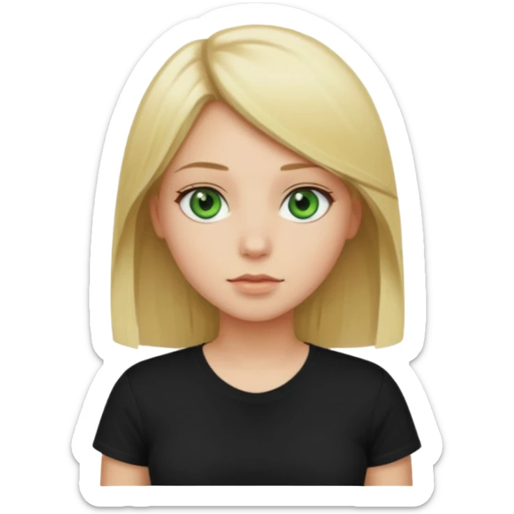 Girl with green eyes, blonde with straight hair to the chest in a black t-shirt sticker
