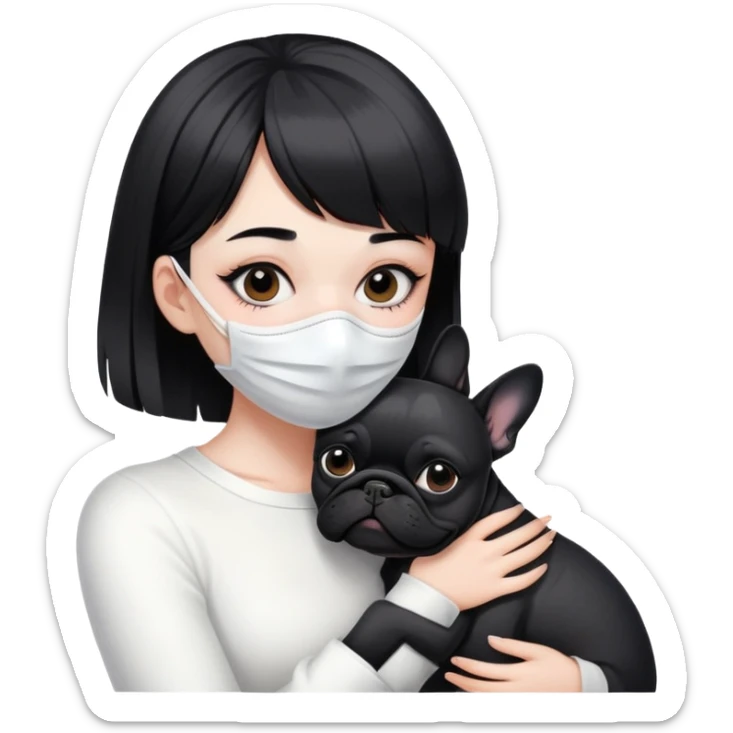 girl with short black straight bangs hair wearing a white mask and hugging one black French bulldoge  sticker
