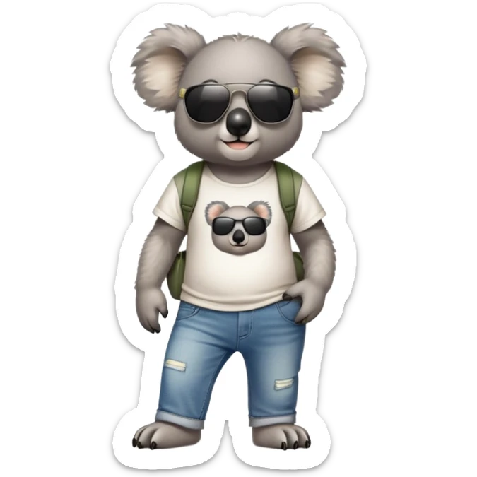 anthropomorphised koala in a band t-shirt and jeans with dark sunglasses walking upright relaxed pose sticker