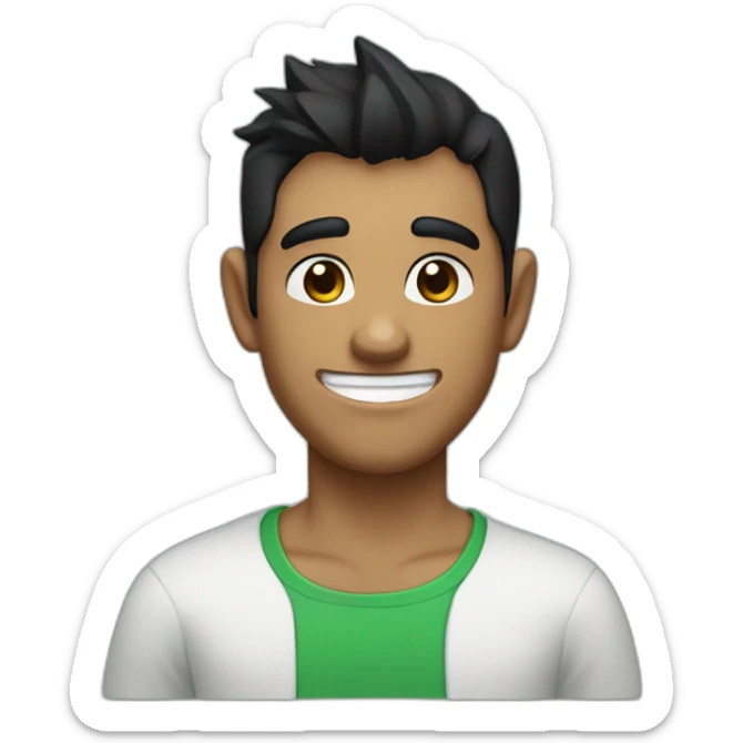 An imp with black hair and brown eyes and a smile in a green shirt with a white T-shirt and with dark brown horns on his head that turn blue at the ends sticker