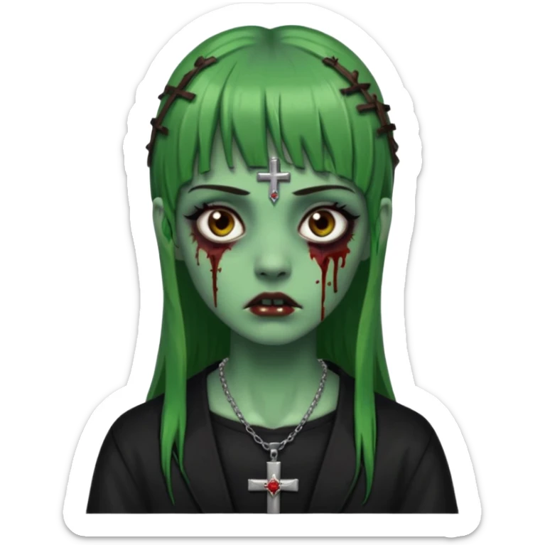 Zumbi verde com olhos castanhos aspecto de que tá sangrando, uma franja reta um piercing do lado esquerdo do nariz, roupa preta e crucifixo como colar, e também delineador sticker