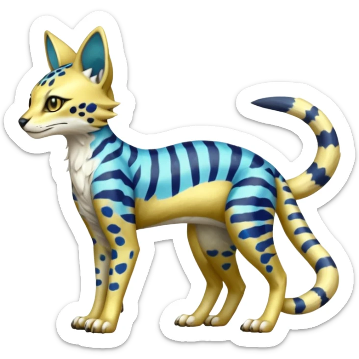 Colorful Golden Gold Shiny Lombax-Sergal-Vernid-Trico-Serval-Civet-Genet-Pokémon-Digimon-Fakémon-fusion-hybrid-creature with Cyan stripes and blue leopard-spot-markings  sticker