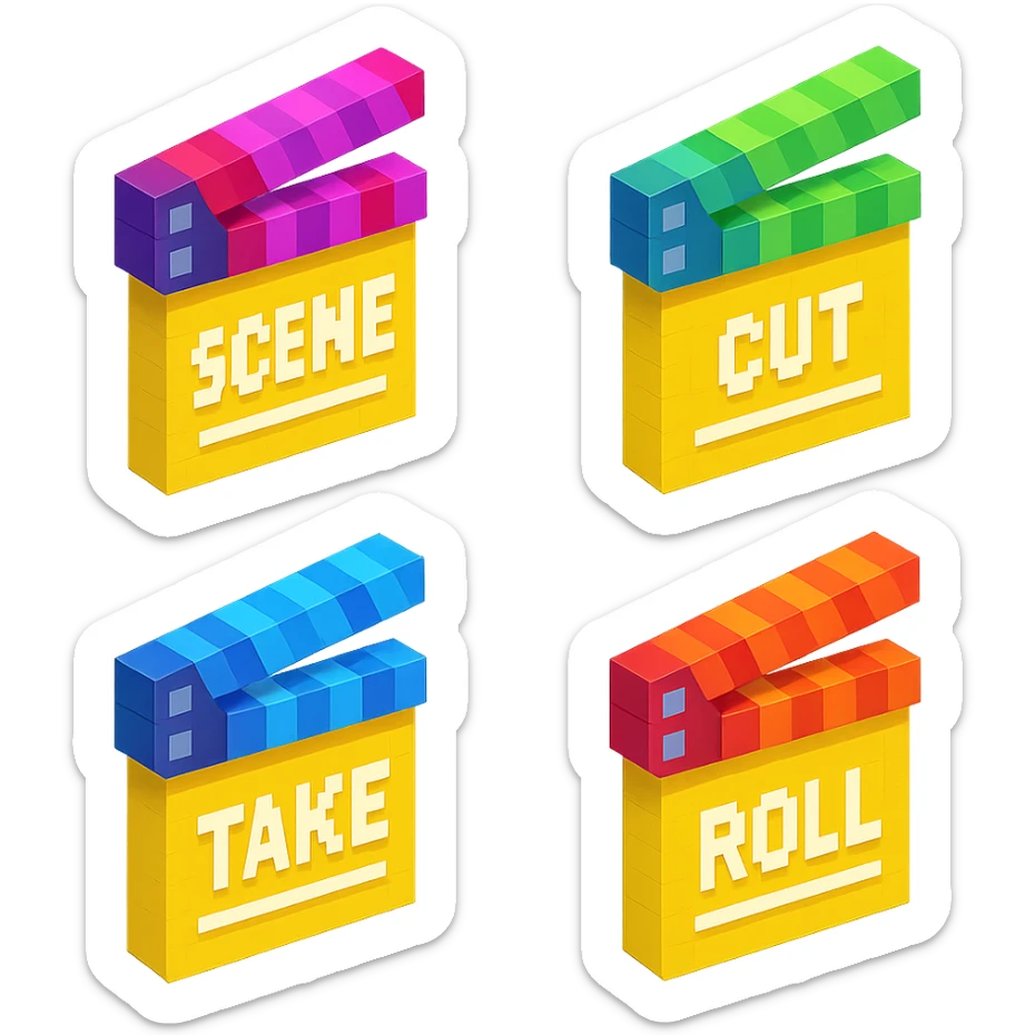 isometric view collection of movie clapperboards in voxel style, each with different colorful lids and unique text sticker