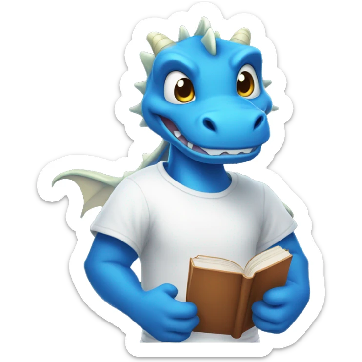 A blue dragon in a white T-shirt with a smile, holding books in his hands sticker