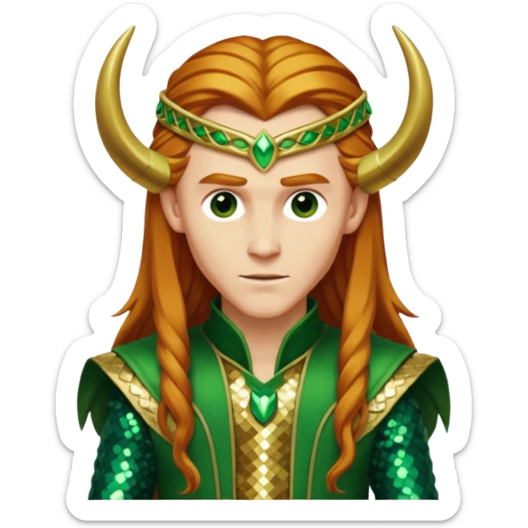 Loki, God of Mischief from Gods and Goddesses with long reddish blonde hair, green and gold sequin outfit sticker