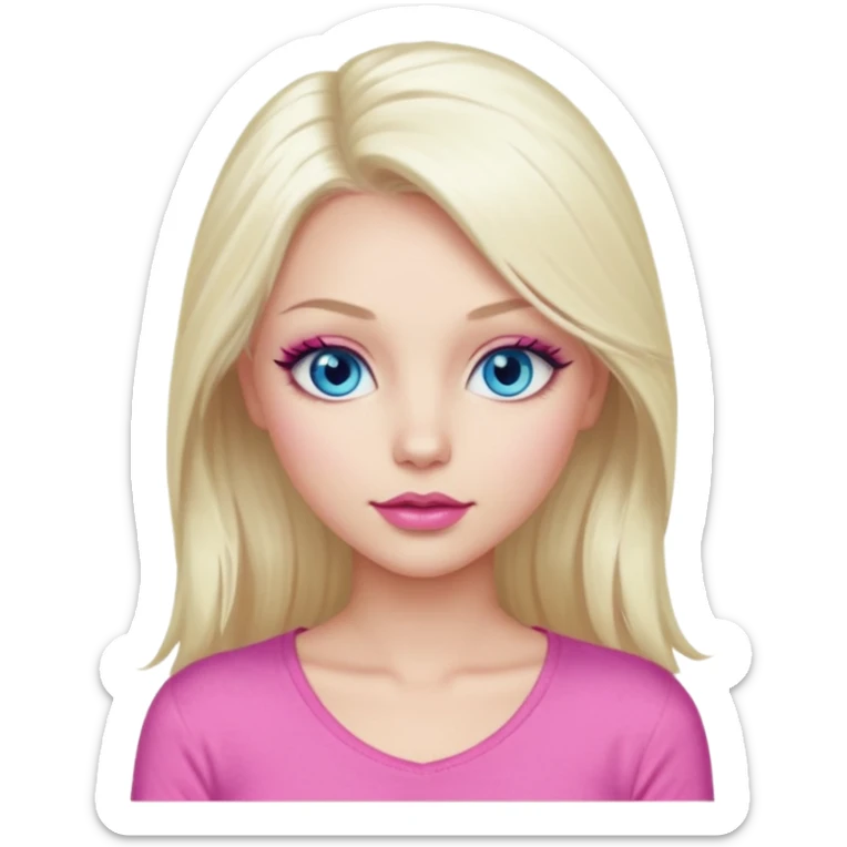 Girl with long platinum blonde hair, blue eyes, long lashes, sexy pink lips, wearing a pink top sticker