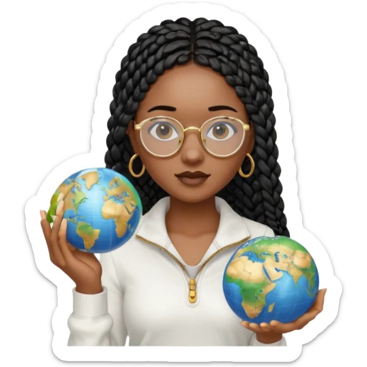 a young woman wearing fine gold round glasses and black hair in several box braids, no earrings, she has light black skin, and she's wearing a white shirt with a black quarterzip. She's holding a globe in one hand sticker