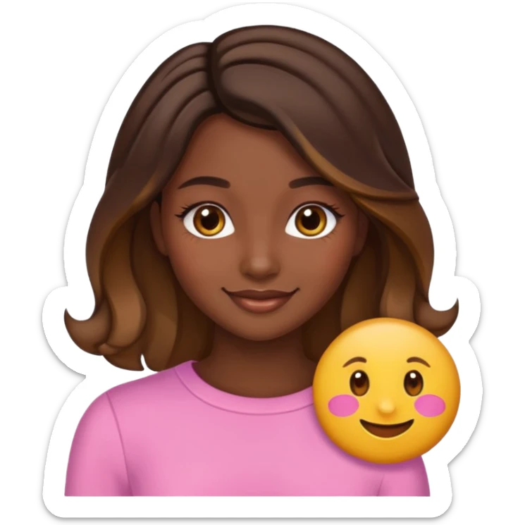 portrait of a young woman, dark skin, straight brunette hair with caramel balayage, brown eyes, curled lashes, blush, emoji style sticker