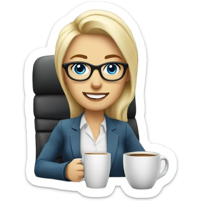 Corporate blonde boss lady with glasses happy blue eyes sitting at a desk drinking coffee  sticker