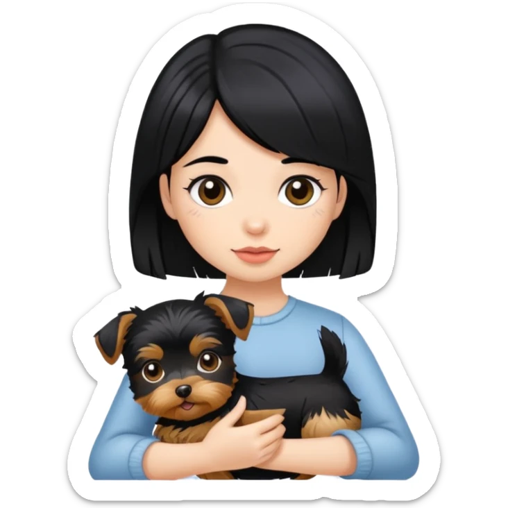 A girl with black hair is holding a yorkie sticker