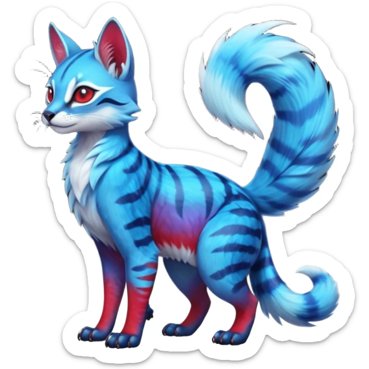 Cute kawaii cool edgy badass  vibrant cyan-cobalt-blue-to-crimson-red gradient-colored iridescent glossy fur  fantasy-caracal-civet-genet-sergal-vernid-Gryphon-Cacomistle-Trico-oncilla-animal-Fakémon-hybrid-fursona (full body), facial markings, (realism style) sticker
