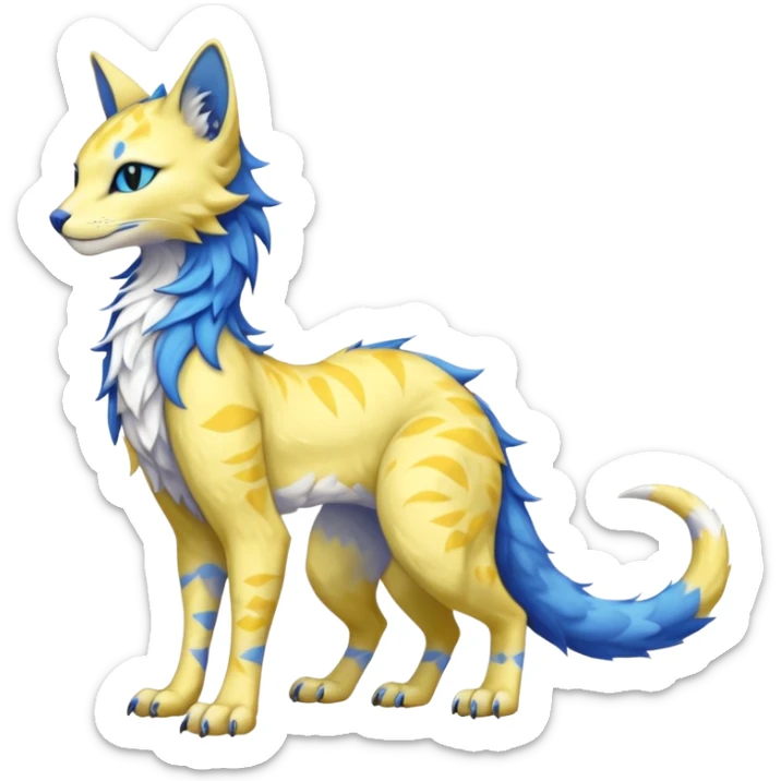 Kawaii yellow and blue beautiful pretty elegant divine edgy fantasy feline-vernid-sergal-fursona animal creature with a tufted tail full body with intricate markings  sticker