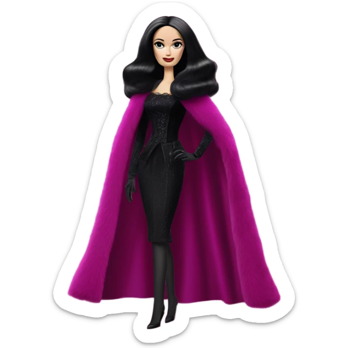 Fucshia ‘n Fur Barbie, Morticia Addams, cape,veil,funeralwear,show full body,accessories coat gloves  sticker