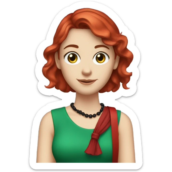 White caucasian woman in her 20s with red layered hair and bangs green eyes freckles wearing a red dress, skinny scarf around the neck and holding a little black purse on her shoulder sticker