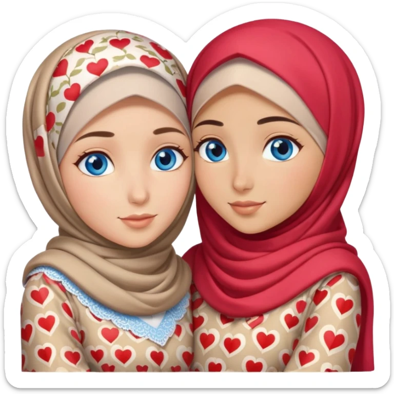 Two Turkish beautiful finish Konya girls blue eyes with hijab and heart dress and hugs  sticker