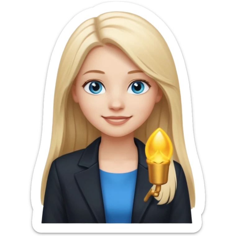 A white girl with long straight blonde hair, blue eyes and a white dress with a black jacket smiling sticker