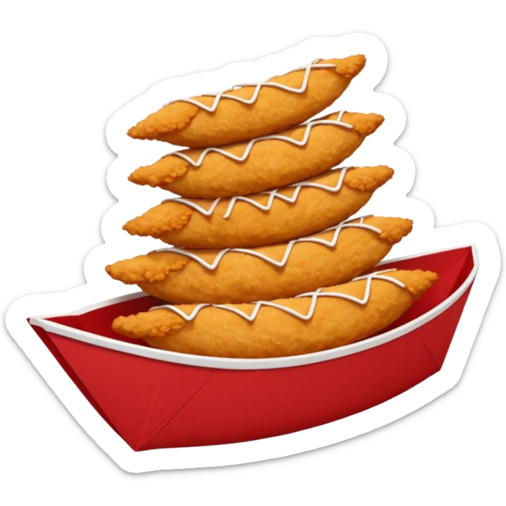 5 breaded chicken tenders stacked on top of each other in a red paper food boat  sticker