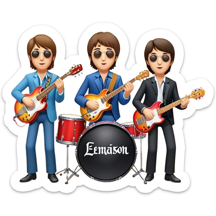 Rock music icon: The Beatles performing live on stage. John Lennon with guitar, Paul McCartney with bass, George Harrison with guitar, Ringo Starr on drums. Bright lights, energetic performance. Transparent background. sticker