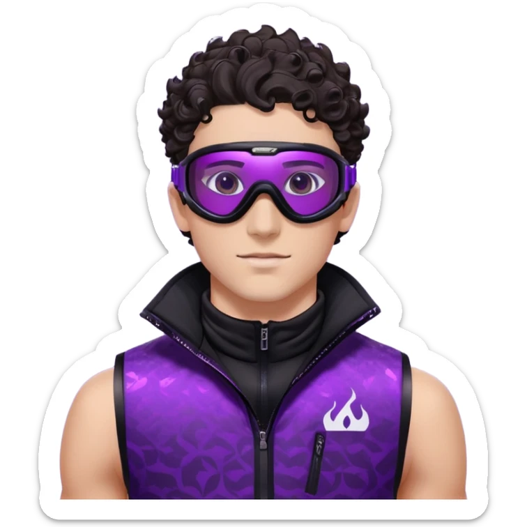 close-up of male athlete with white skin and moderately curly dark brown hair on top with shaved sides, wearing ski goggles with purple frames and very dark black lenses, a simple plain black chain necklace, and a completely unzipped sleeveless vest with purple and black sequin fire pattern design with no logo, frame centered on face and upper chest sticker